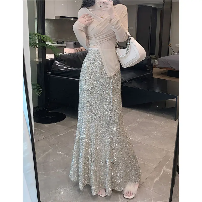 New Heavy Industry Sequined Fishtail Skirt High Waist Slimming Long Skirt Super Long Shiny Crystal Maillard French New Fashio...