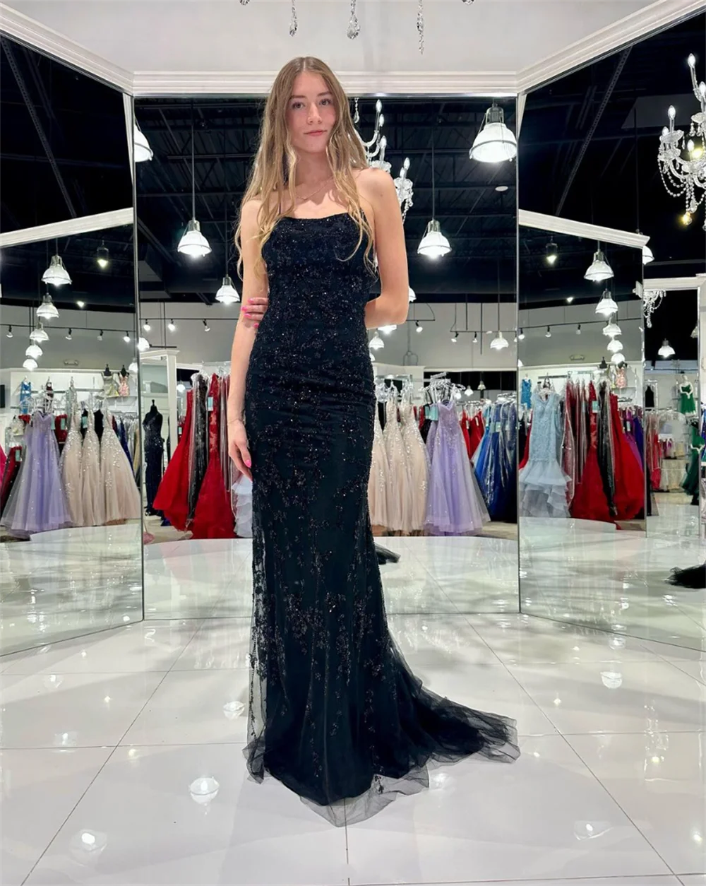 Jessica Black Mermaid Wedding Dress Glitter Lace Embroidery Prom Dresses Fairy Sexy Backless women's Bespoke Occasion Dresses