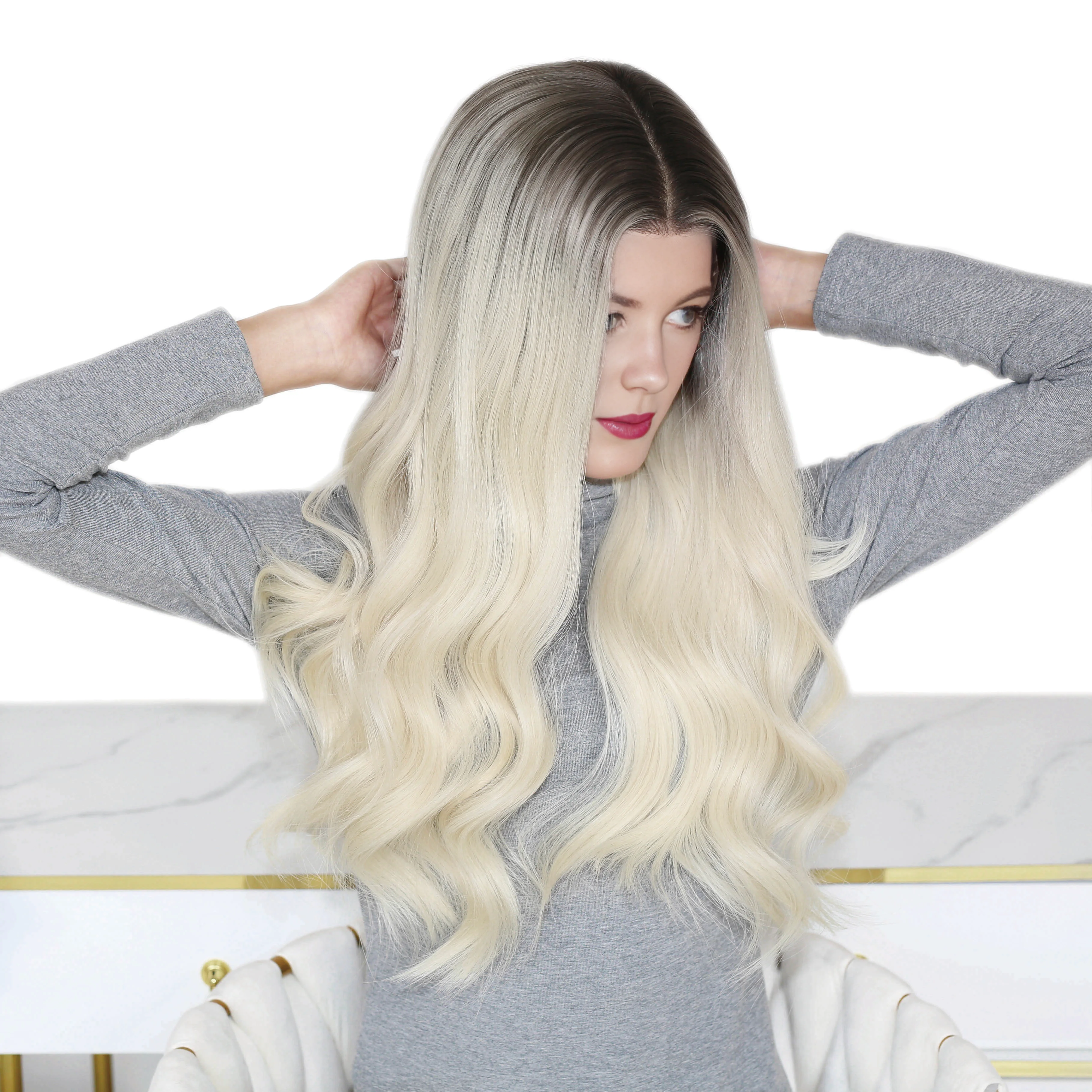 Wavy Lace Front & Top Wig Pale Blonde with Brunette Hand Painted Glueless Human Hair Balayage Ombre Wig