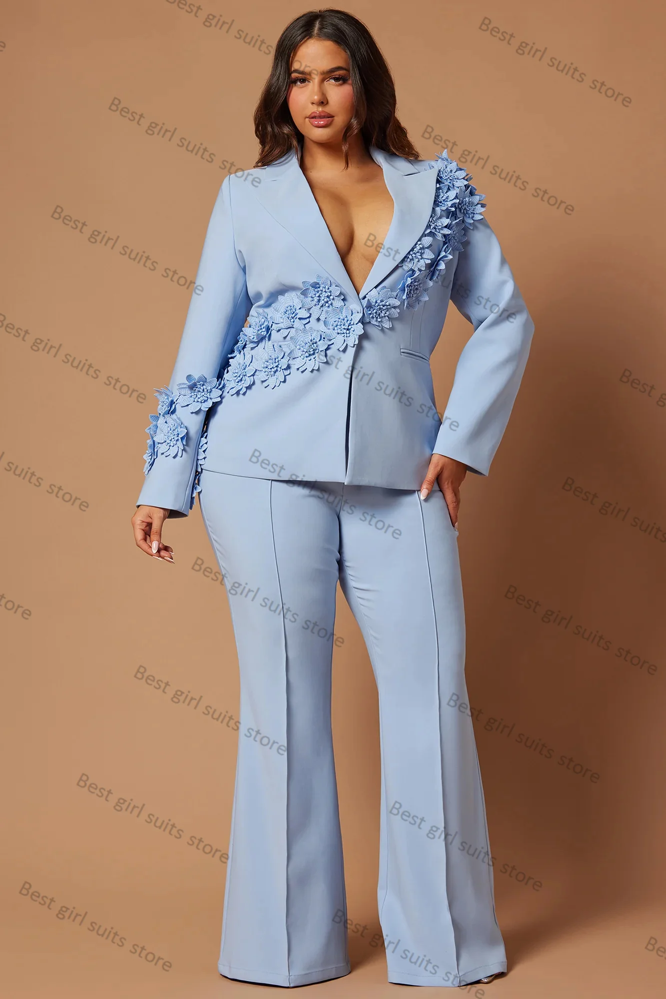 

2 Piece Light Blue Women Suit Pants Set Jacket+Trouser Luxury Appliqued Flower Blazer Wedding Tailored Formal Office Lady Coat