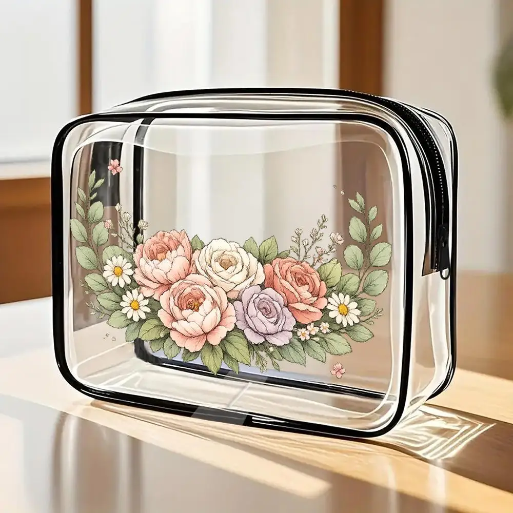 Toilet Bag Watercolor Rose Daisy Bouquet Clear PVC Zipper Makeup Bag, Botanical Art Style with Black Trim, Portable Cosmetic