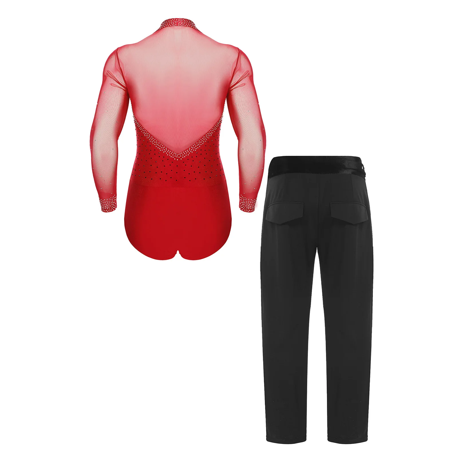 Uomo Vestito da ballo latino Tango Jazz Balletto Salsa Danza Samba Chacha Set Costume Manica lunga Sheer Mesh Patchwork Pantaloni tuta