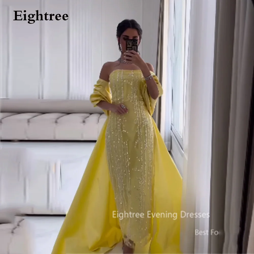 Eightree Glitter Yellow Lace Sequined Mermaid Evening Dresses Off the Shoulder Elegant Prom Gowns Arabic Formal Occasion Dress