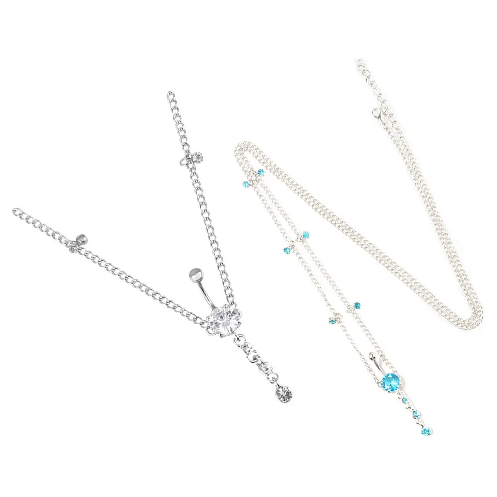

2pcs Ring Waist Women Stainless Steel Dangle Belly Chain Jewelry Blue White Rhinestone Waist Chain Beach Accessories Body