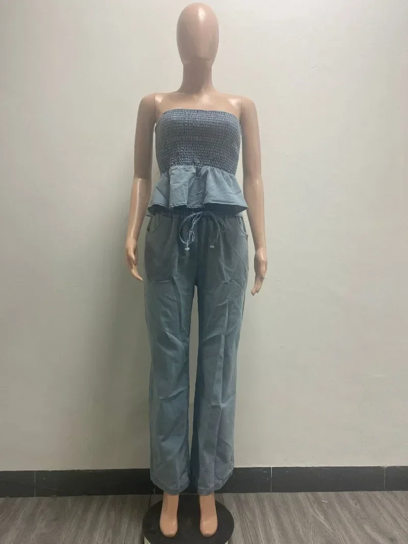 Women Fashion Denim 2 Piece Set Ruffles Hem Elastic Strapless Crop Tops + Wide Leg Pants Casual Jeans Suit Casual Streetwear