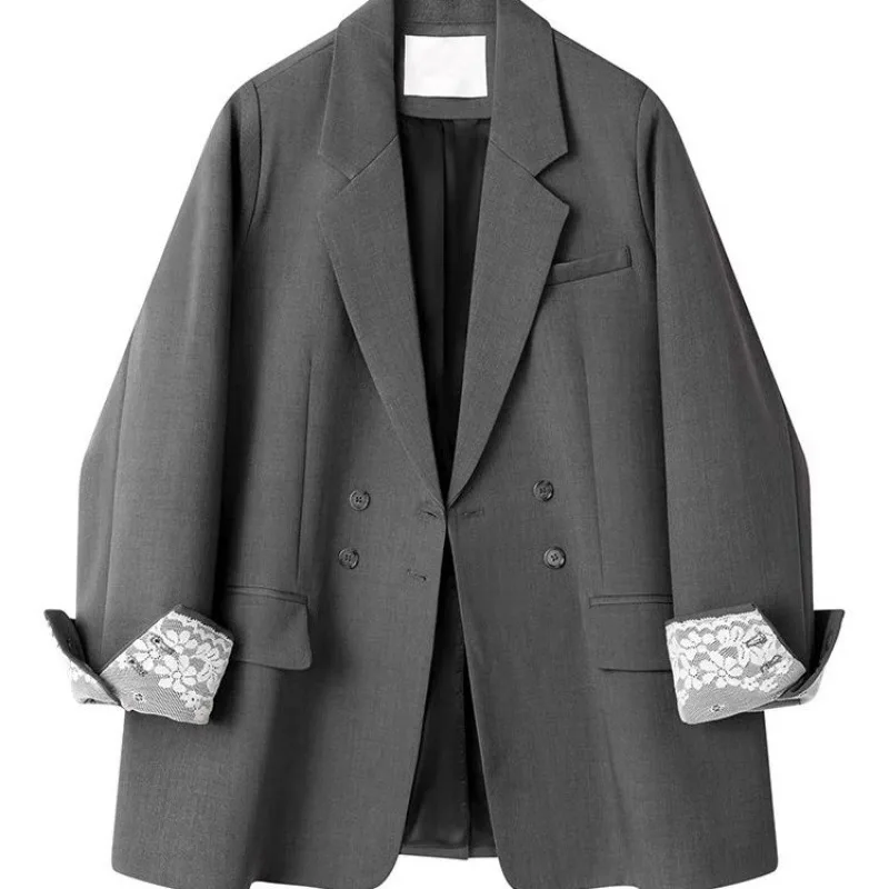 

Luxury Gray Black Blazer Women's Lace Patchwork Design Coat Office Ladies Jacket Long-Sleeve Top Spring Autumn Casual Outerwear