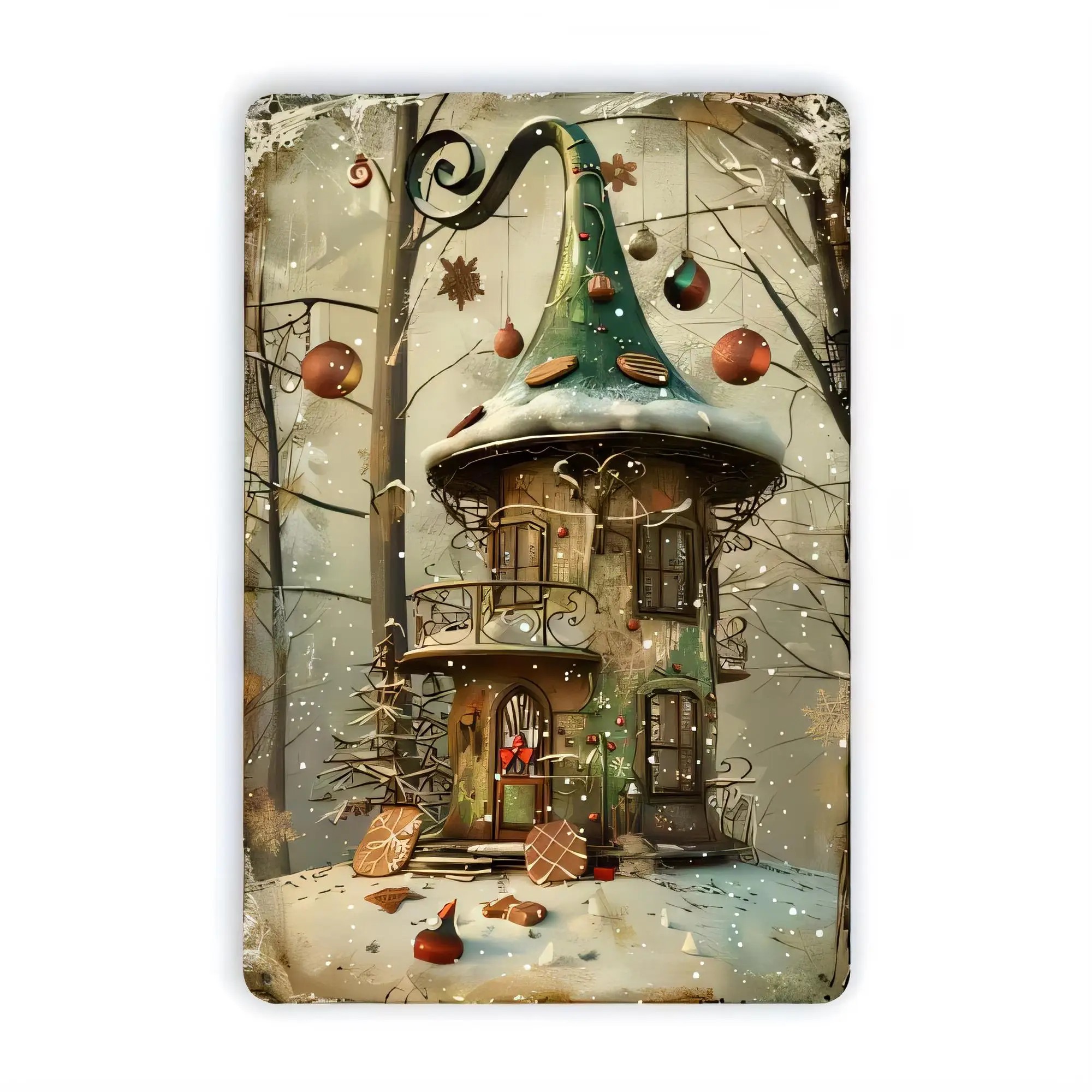 Tin Sign Vintage Christmas Snowy House Decor Retro Metal Sign Winter Holiday Wall Art Home Bar Garage Office, Rustic Plaque Artw