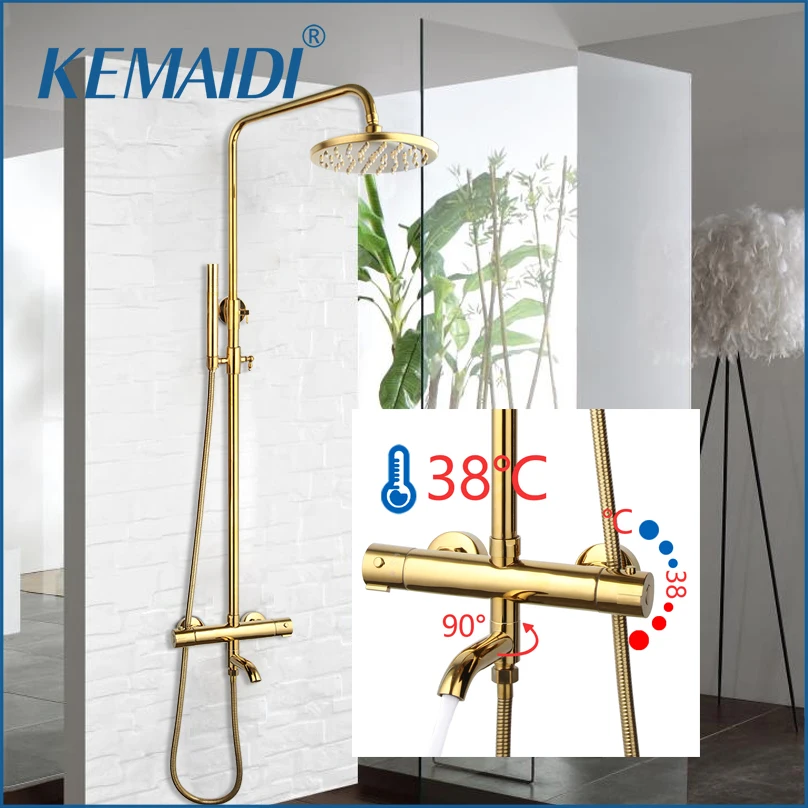 KEMAIDI Thermostatic Shower Set Gold Bathroom Shower System 38 Thermostatic Bath Shower Set Round Rainfall Top Shower Head