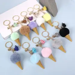 Creative Ice Cream Pendant Keychain Cute Fluffy Pom Pom Plush Keyring For Women Girls Wallet Handbag Ornament Decoration Gifts