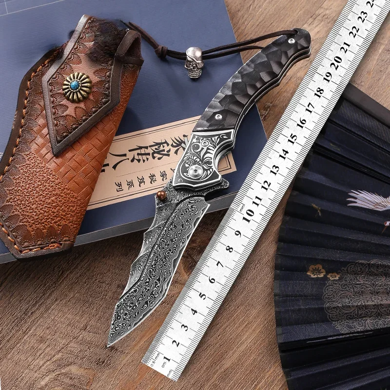 New Outdoor Folding Knife Creative Damascus Steel Self-defense Knife Outdoor Portable Sharp Hunting and Fishing Tools