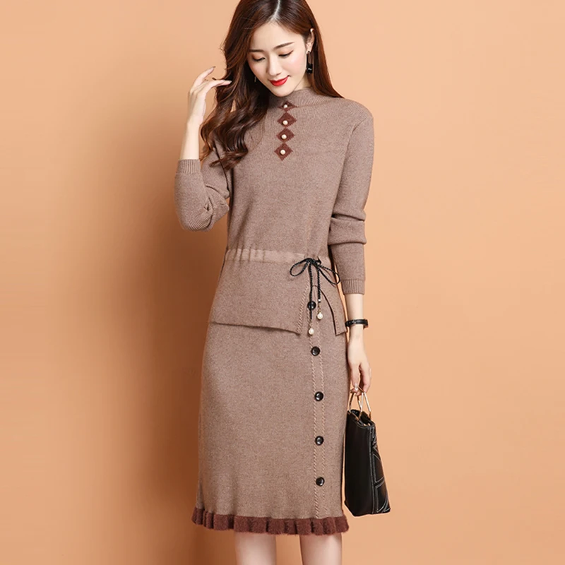 

New Autumn Winter Two-Piece Wool Sweater Dress Female Half Body Skirt Fashion Loose Mid-Length Tie Sweater Dress Suit Women