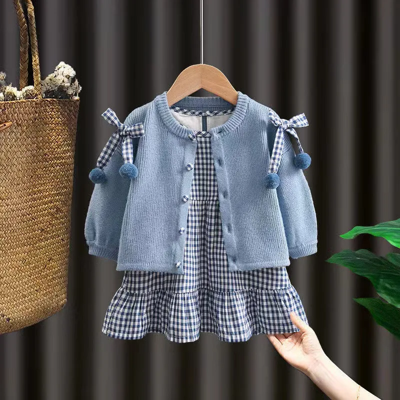 Spring Autumn Children Girls 2PCS Clothes Set Patchwork Bow Round Collar Kid Girls Cardigan Coat Plaid Lace Hem Girls Dress Suit