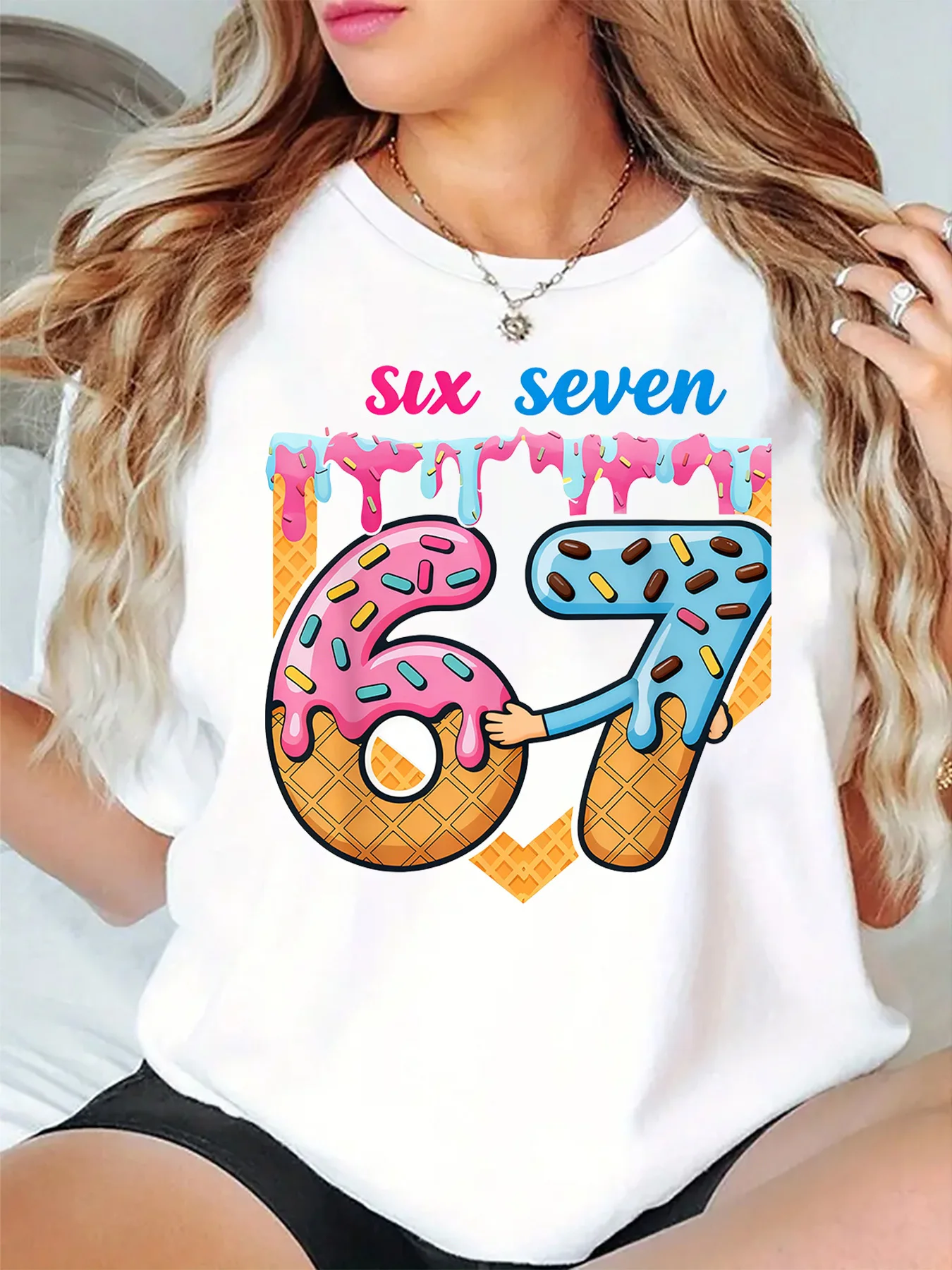 Number 67 Ice Cream Waffle Cone Sprinkle Dripping Art Graphic Womens T Shirt Short Sleeve Crew Neck Daily Casual Ladies Tee Tops