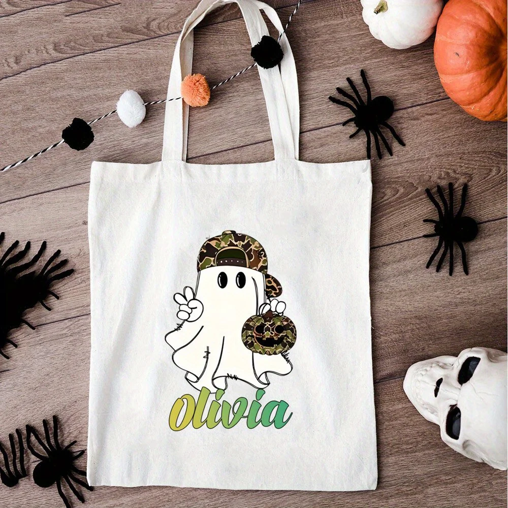 Custom Name Halloween Ghost Canvas Tote Bag Camo Hat Ghost Pumpkin Print Personalized Reusable Trick or Treat Shopping Bag