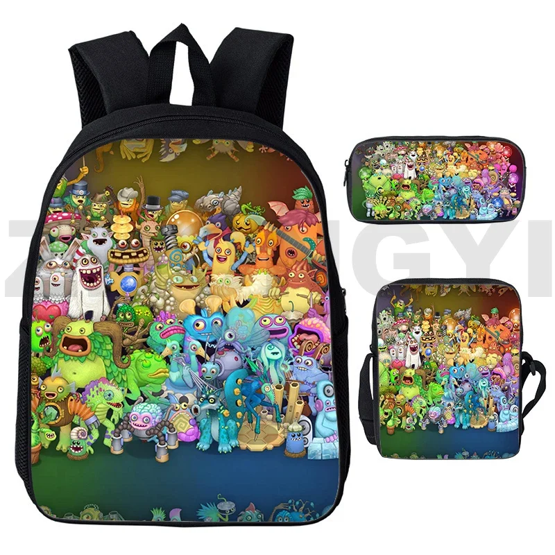 Styl Preppy 3D My Singing Monsters gra plecak 3 sztuk/zestaw Anime Travel Laptop mężczyźni Mochila 12/16 Cal dla dzieci Cartoon School Bags