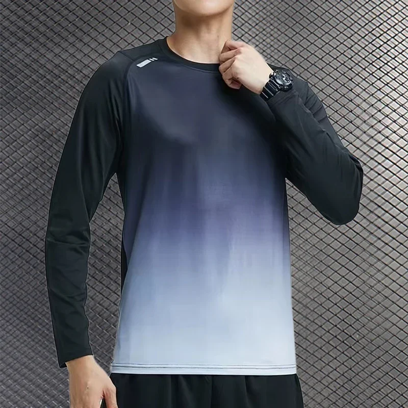 Camisa deportiva de manga larga para hombre, ropa superior de compresión de alta calidad con cuello redondo, para correr