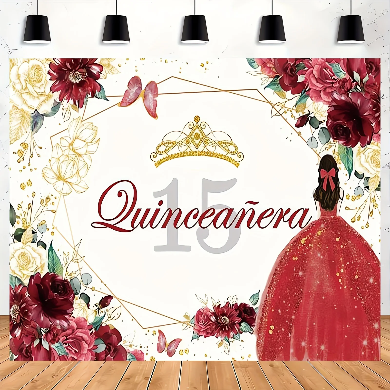 1pc,  Quinceanera 15th Birthday Backdrop For Sweet Mis Quince Anos Party Decorations Red And Gold Glitter Floral Crown Butterfly