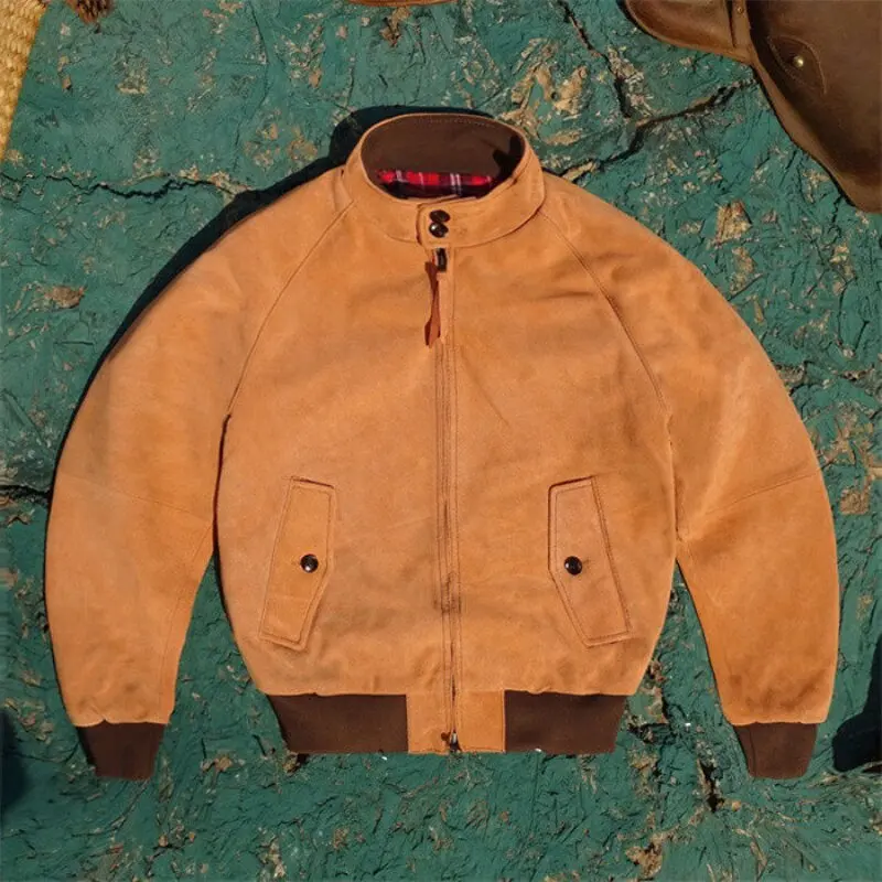 Light Orange Suede Cowhide G-9 Raglan-Sleeve Business Casual Genuine Leather Jacket for Men American Vintage Soft Plus Size 4XL