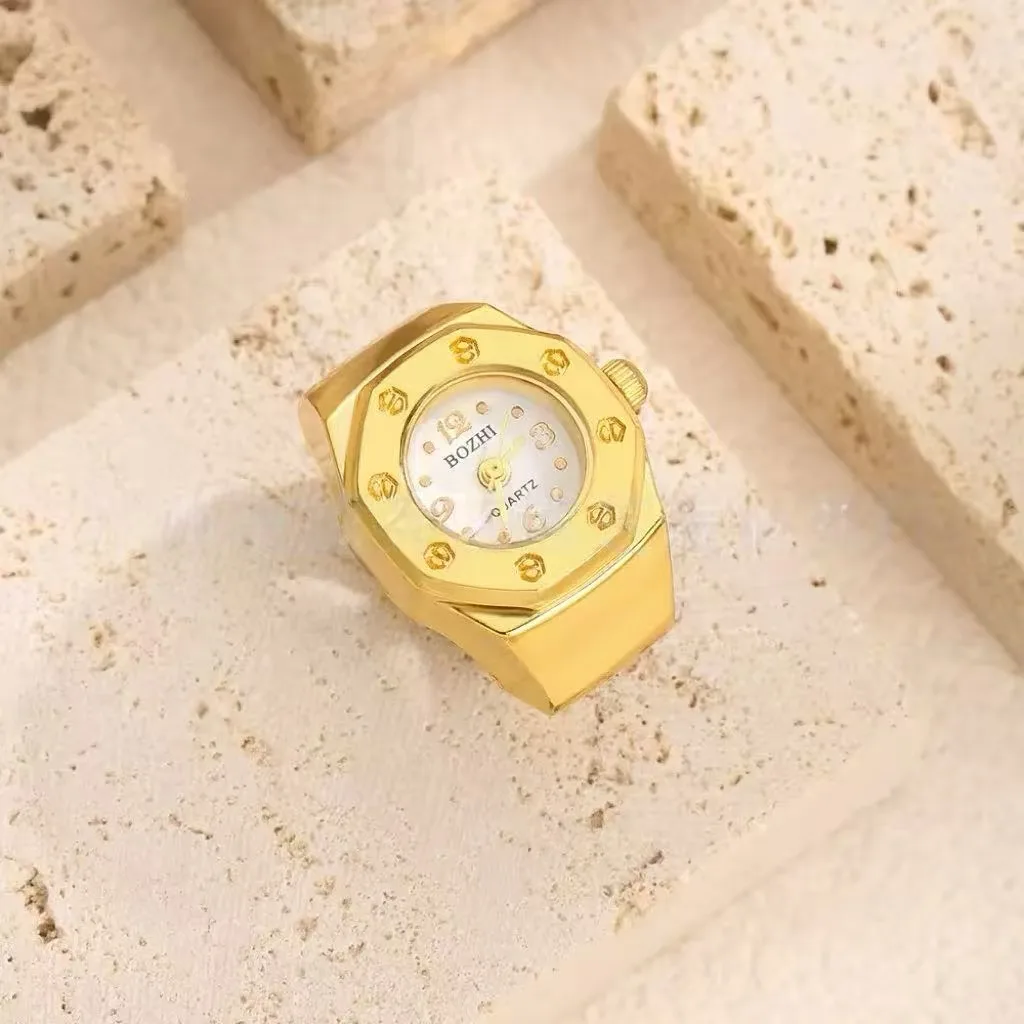 Vintage Gold Siiver Color Real Watch Rings for Men Women Stainless Steel Rivet Geometric Octagon Design Mini Clock Punk Jewelry