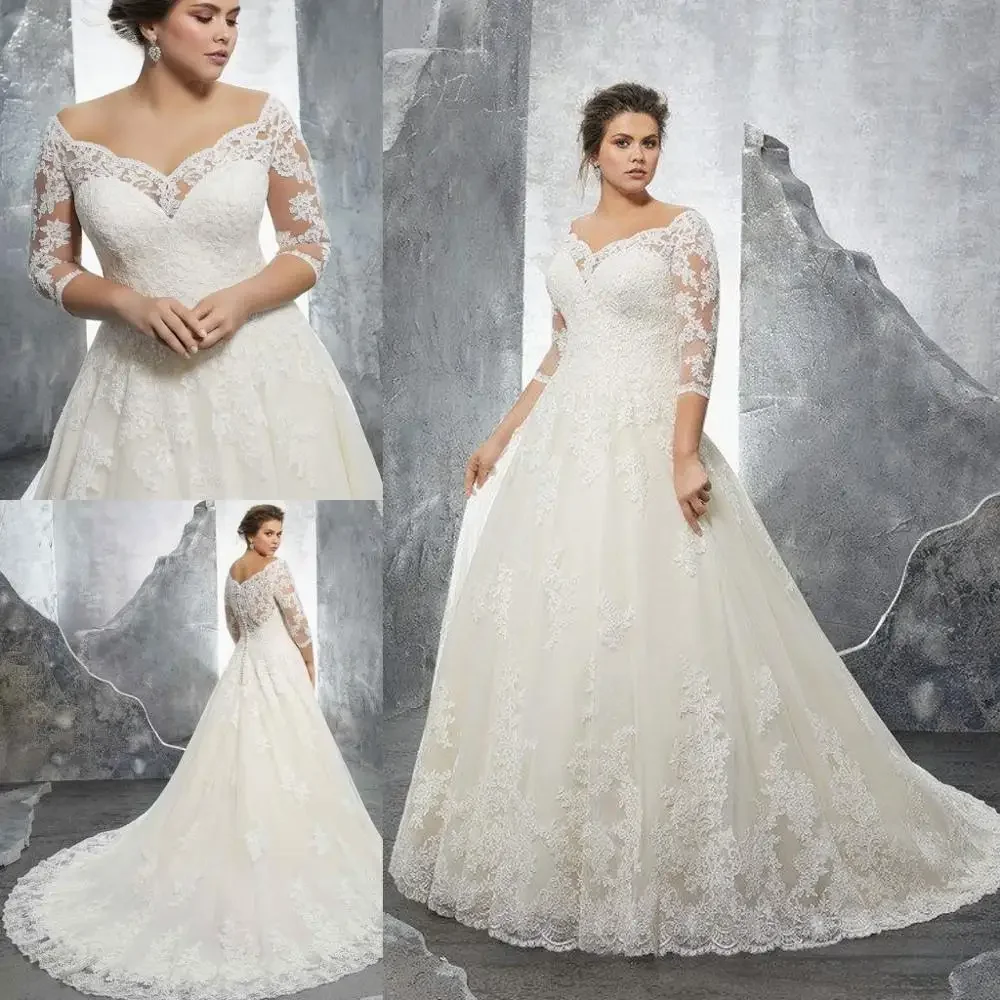 

Plus Size Wedding Dress Women Sweetheart A-line Off The Shoulder Half Sleeves Vestido De Novia Elegant Lace Applique Court Train