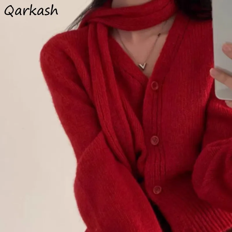 

Minimalist Sets for Women V-neck Cardigans All-match Knitted Korean Style Solid Scarf Young Girls Autumn Winter Warm High Street