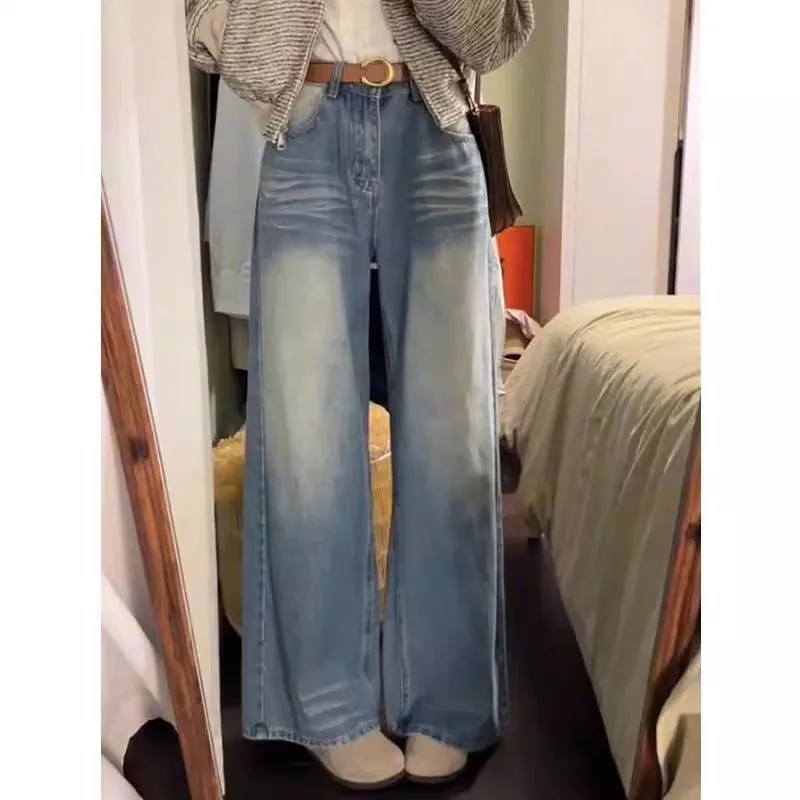 

Light Blue Wide Leg Denim Pants Women Vintage High Waisted Loose Washed Jeans Woman Versatile Trailing Straight-Leg Trousers