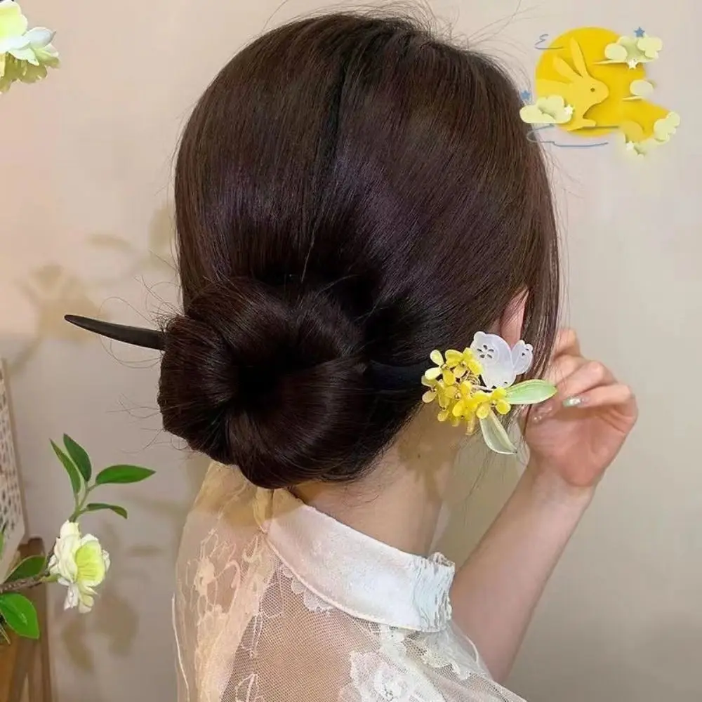 Decorative Wooden New Chinese Hair Stick Vintage Handmade Hanfu Hair Bun with Tassel Flower Hairpin Fork for Hanfu