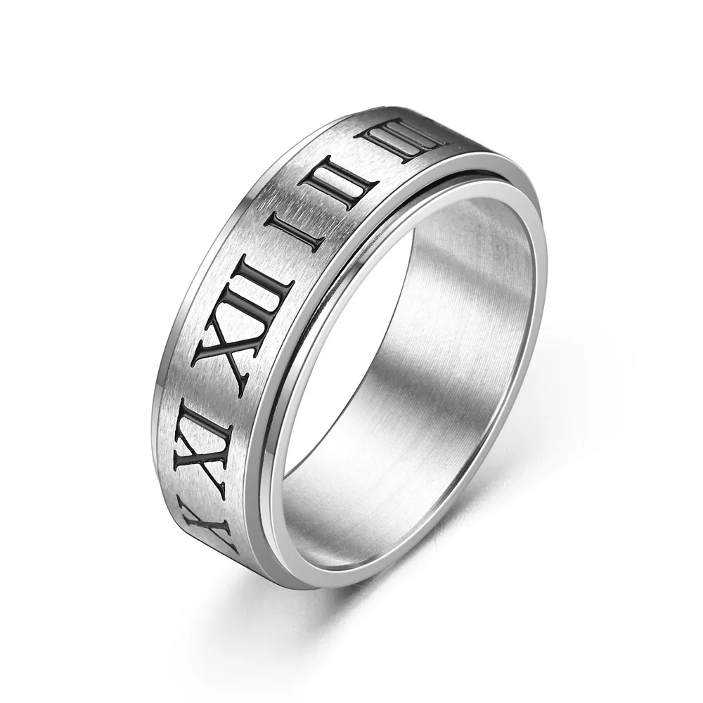 Stainless Steel 8MM Rotatable Ring with Roman Numeral Detailing Stress-Reducing Anti-Anxiety Design for Men Women