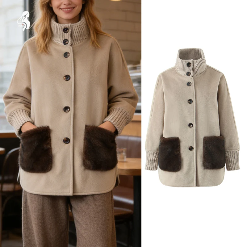 

Womens High Neck Ribbed Coat With Plush Pockets And Single Breasted Buttons Soft Mid Length Commuter Coat Women Winter Coats