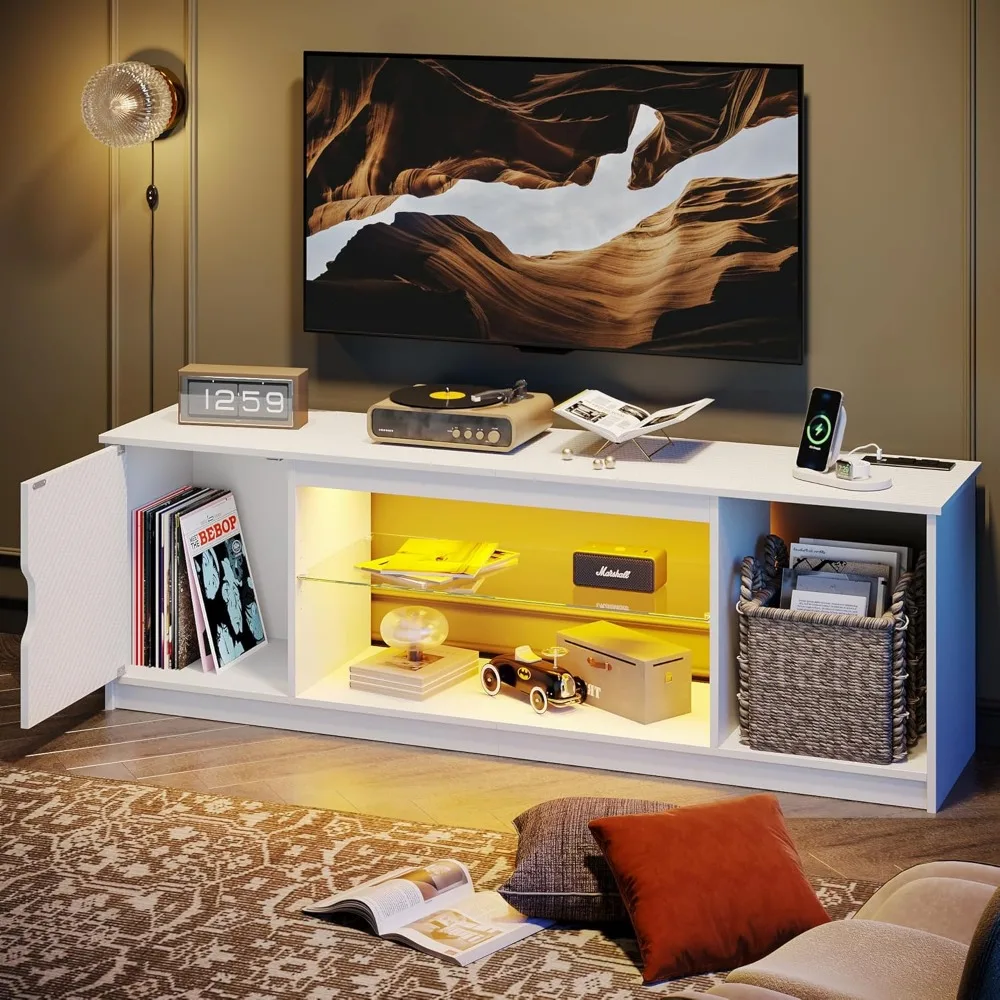 

LED TV Stand with Power Outlets for 55/60/65 Inch TV, Gaming Entertainment Center with Cabinet for PS5, Modern TV Cabinet with