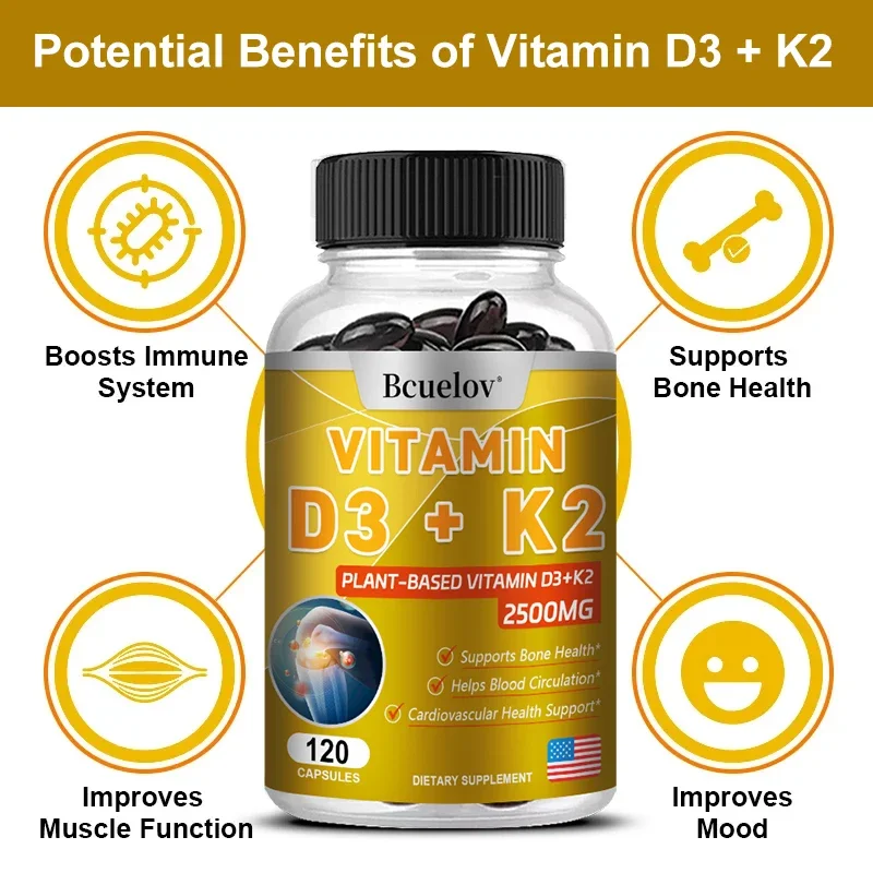 Bcuelov วิตามิน D3 K2 Softgels, 2-1 Complex, Vitamin D3 5000 IU และวิตามิน K2 MK7สำหรับหัวใจ, กระดูกและฟันกลืนง่าย