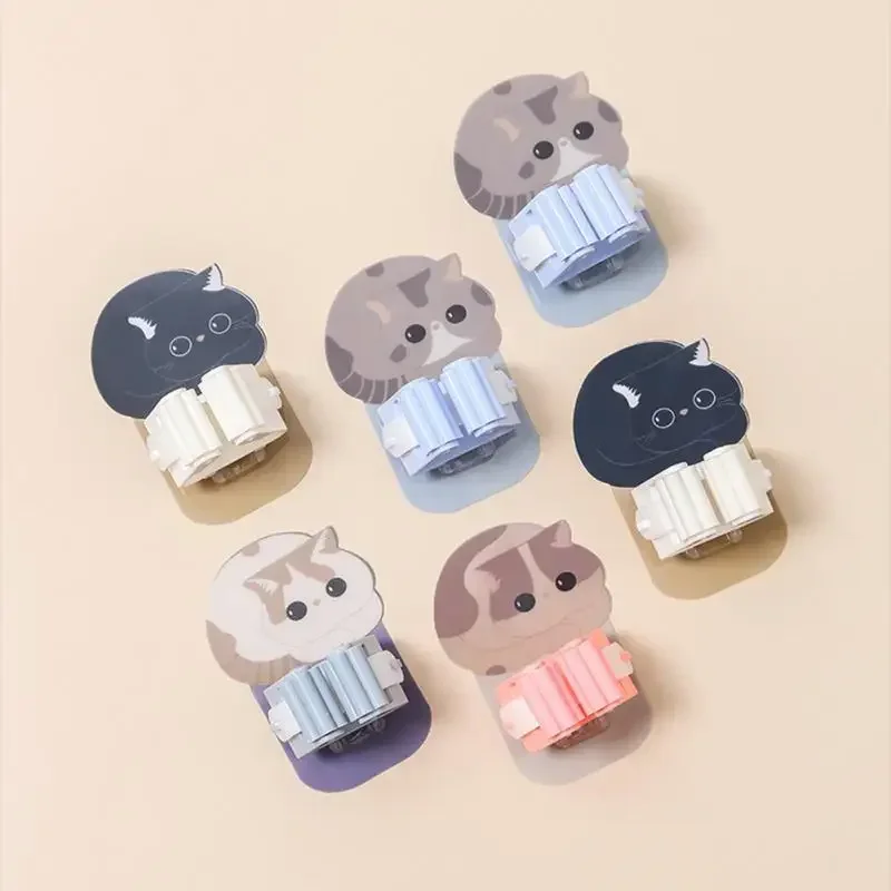 Wall Mounted Hooks Mop Organizer Holder Adhesive Cute Cat Multi-Purpose Room Hanger Strong Hooks Kitchen Bathroom Broom Clip