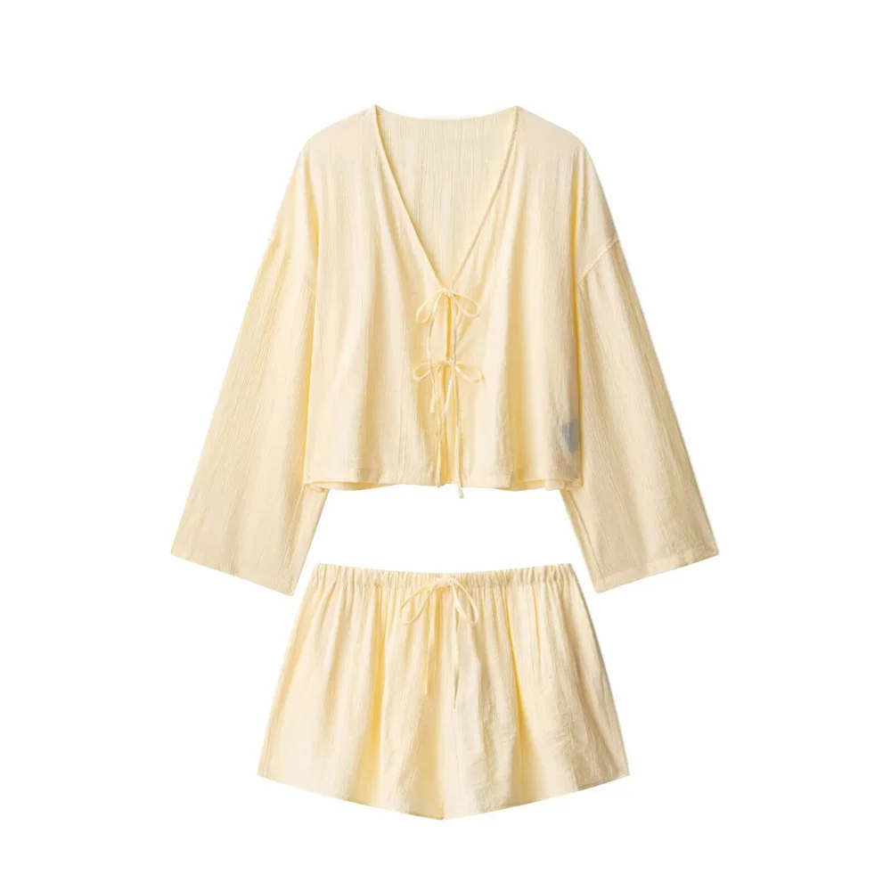 

Женская рубашка на шнуровке с длинными рукавами, шорты, однотонная, с v-образным вырезом, новая женская одежда весна/лето