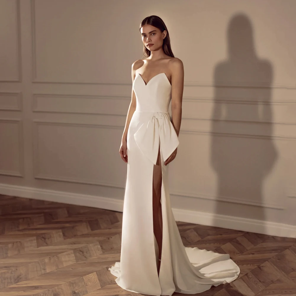 

Elegant Ivory Wedding Dresses Sweetheart Neck Sleeveless Bridal Growns Bow High Slit Floor Length Mermaid Vestidos De Novia 2023