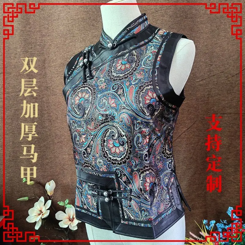 Colete mongol de flor preta com forro estilo étnico colete gola alta top inclinado para mulheres mesmo suporte personalização
