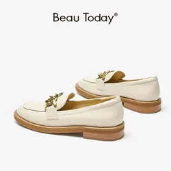 BeauToday Loafers Women Calfskin Leather Pointed Toe Metal Chain Decor Sewing Slip On Retro Ladies Office Flats Handmade 26043