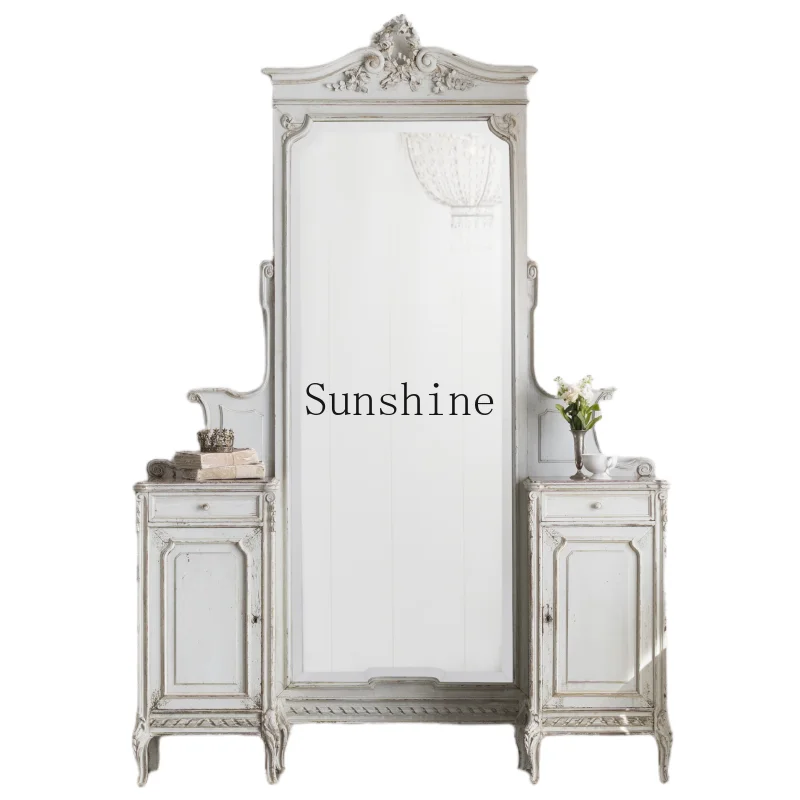 

French retro old solid wood dresser court carved mirror makeup table