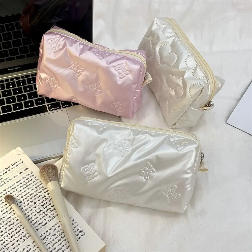 Love Rhombus Shape Silver Cosmetic Bag Bow Korean Style Stuffed Cotton Storage Bag PU Storage Cloth Bag Small Item Bag Travel