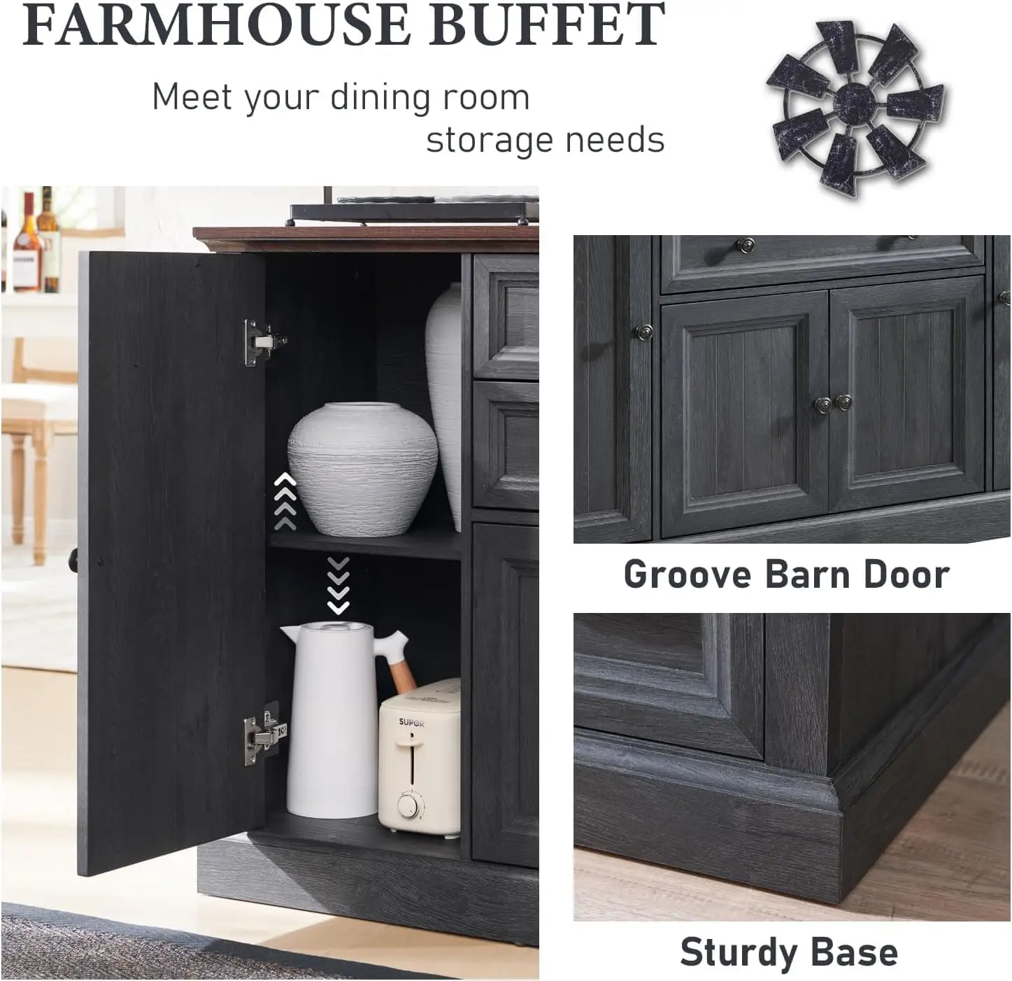 Armadietto a buffet Farmhouse da 58 pollici con contenitore, armadietto da bar alto 34 pollici con 2 cassetti grandi e 4 ante scanalate, legno rustico Sid