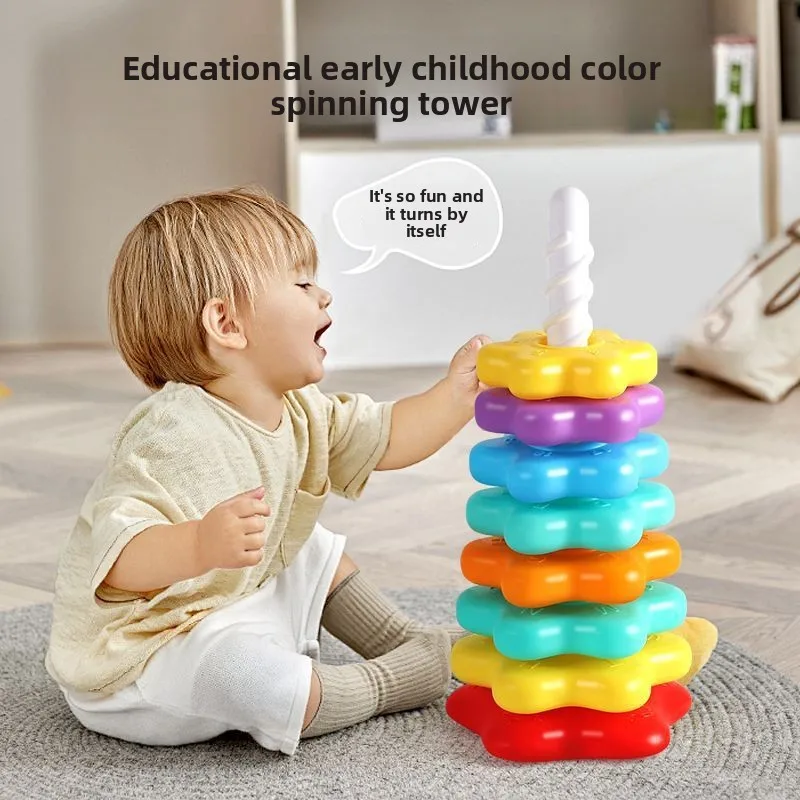 Torre giratoria apilable de arcoíris para bebé de 0 a 3 años, anillo apilable giratorio, juguete rompecabezas, educación temprana