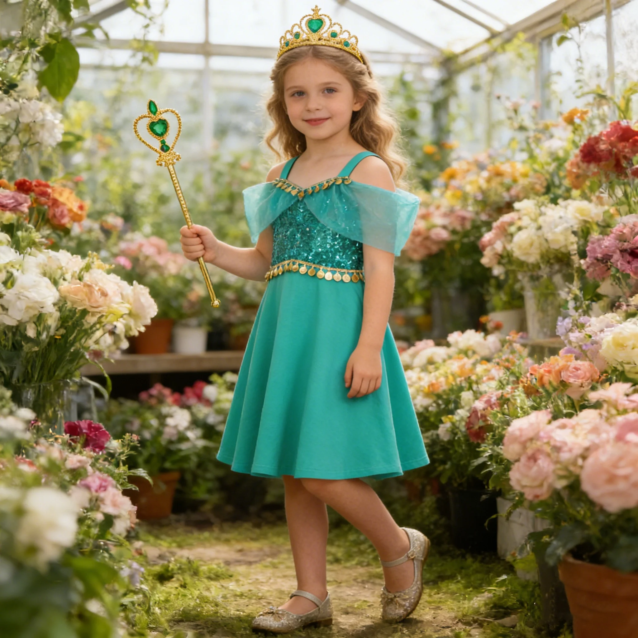  Vestido de Lentejuelas con Hombros Descubiertos Inspirado en Jasmine para Niñas, con Corona, Varita y Set de Joyas, Disfraces de Verano para Fiestas y Actuaciones Infantiles