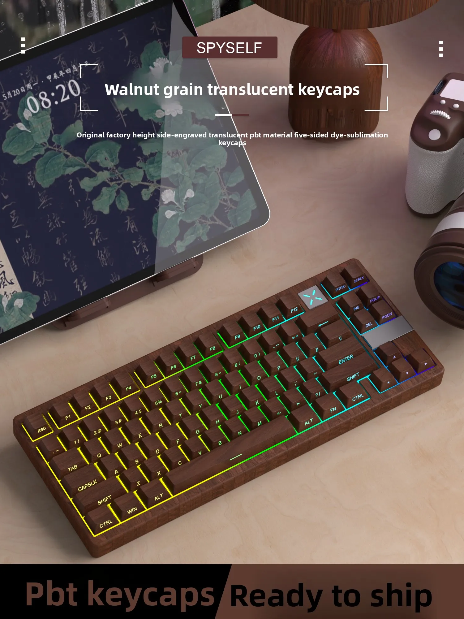 Custom Spy Inspired Walnut Texture PBT Five Side Sublimation Cherry Height Side Legend Keycaps for Wood Case MX Boards
