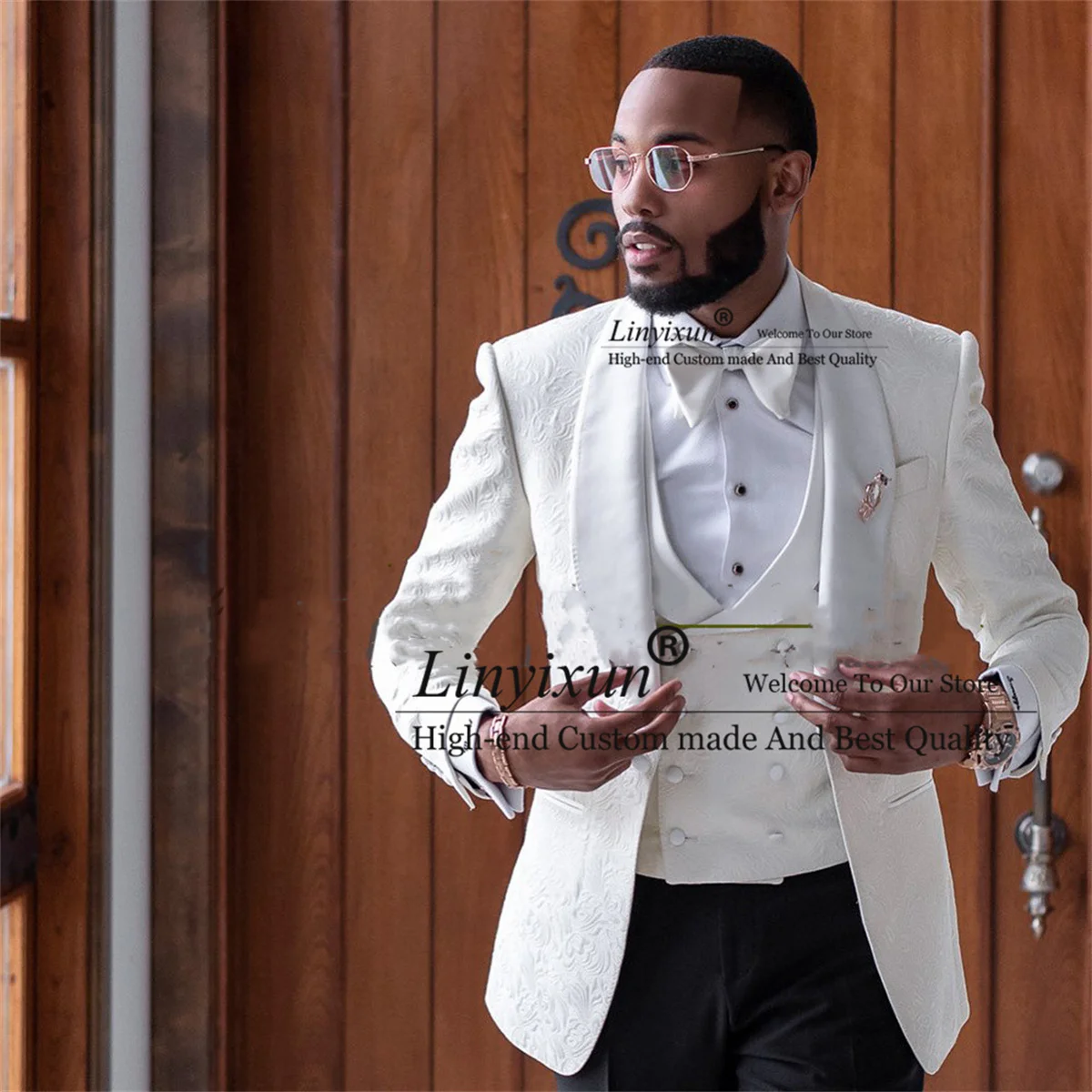 

Lastest Design White Jacquard Wedding Suits For Men Slim Fit Groom Tuxedos 3 Piece Jacket Vest Pants Male Blazers Costume Homme
