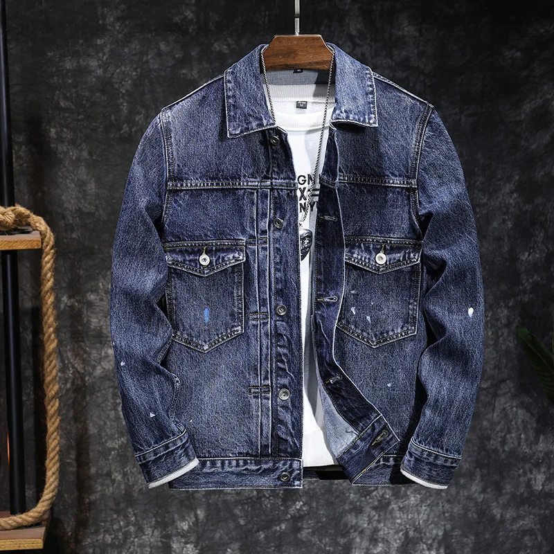 

New spring and autumn models Men's blue denim jacket Loose lapel men's denim jacket Fashionable clothing jacket
