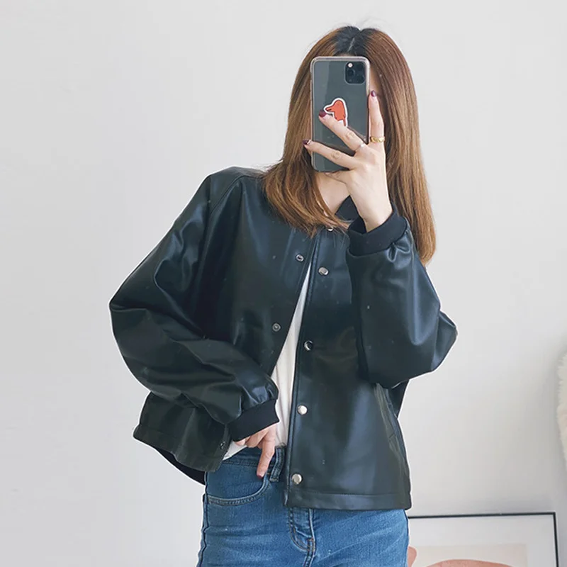 Jaket Musim Gugur Wanita Wanita Kasual Kulit Pu Lengan Panjang Mantel Merah Hitam untuk Anak Perempuan Streetwear Jaket Kulit Imitasi Pakaian Luar