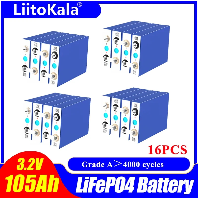 

16pcs LiitoKala high capacity Deep cycle Lifepo4 3.2V 105Ah Battery for 12v 24v 48V Li-ion Battery Rechargeable Battery Pack