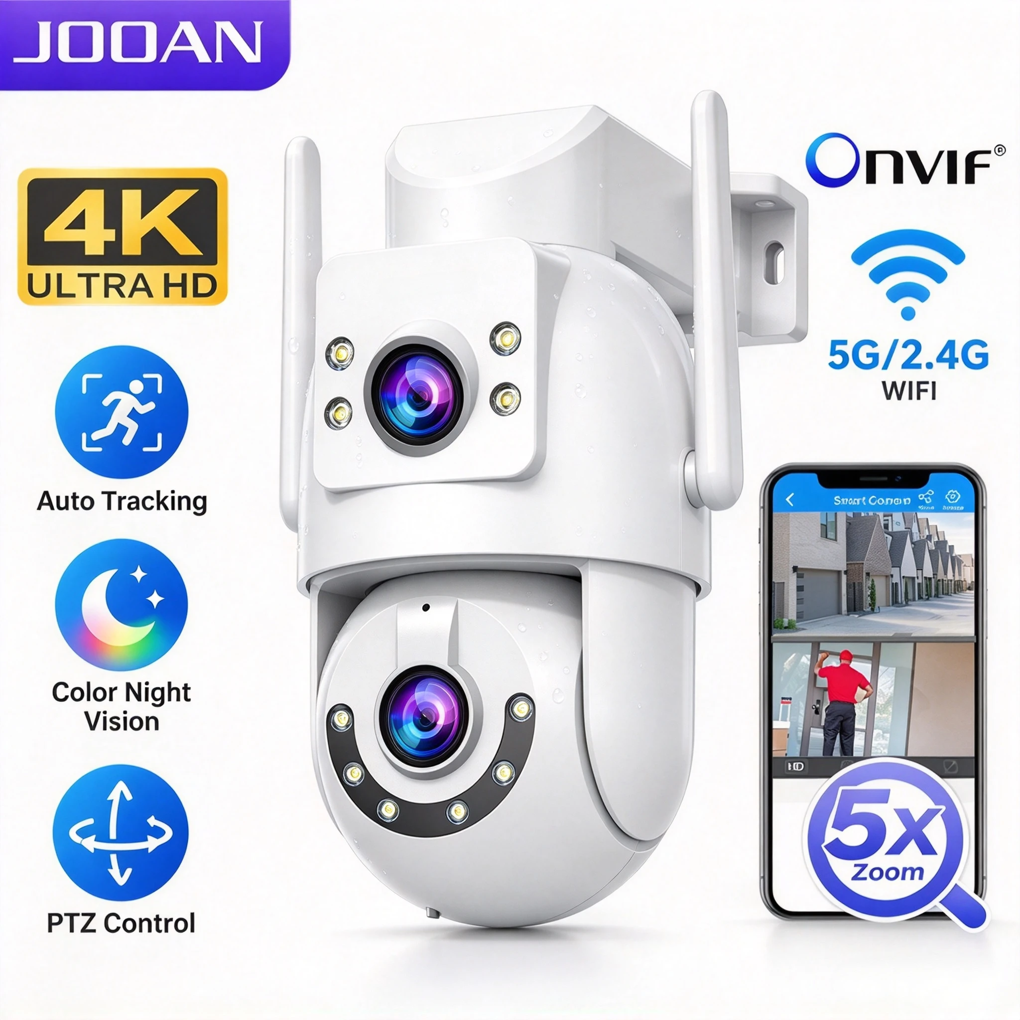JOOAN 4K HD 5G Wifi Camera PTZ Outdoor Dual Lens Dual Screen Auto Tracking IP Camera Security Protection CCTV Video Surveillance