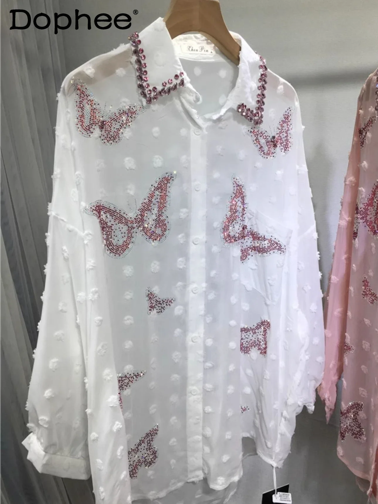 European Goods Hot Drilling Butterfly Shirt 2024 Spring Summer Lightweight Lapels Beaded Loose Mid-Length Cardigan Womens Tops