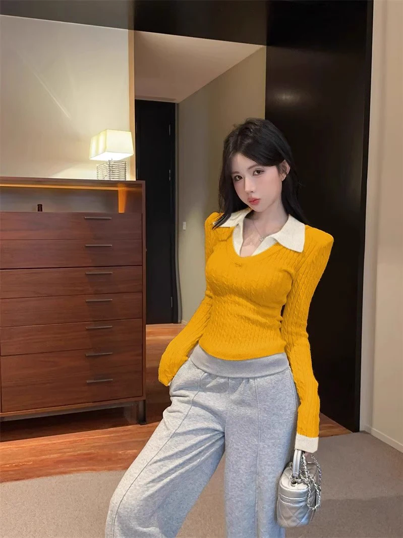 Retro American Slim Fit  Ne Long Sve Women's Knitted Sweater Autumn New Design Waist-Cinching Casual Inner Wear
