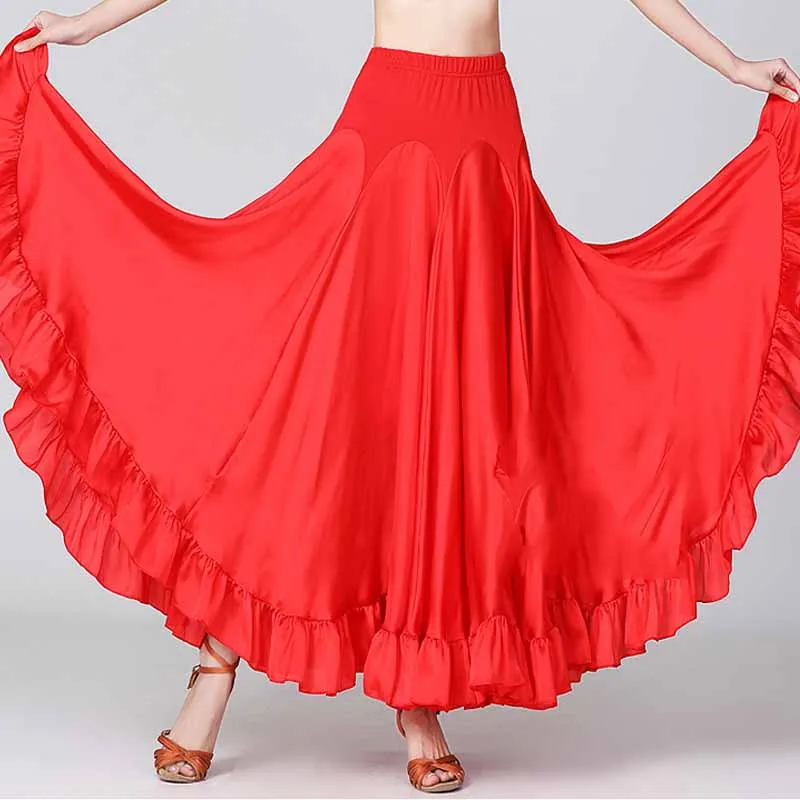 Elegant Solid Color Ruffle Trim Ballroom Dance Skirt Big Swing Long Maxi Skirt Ladies Social Dance Dance Competition Costume